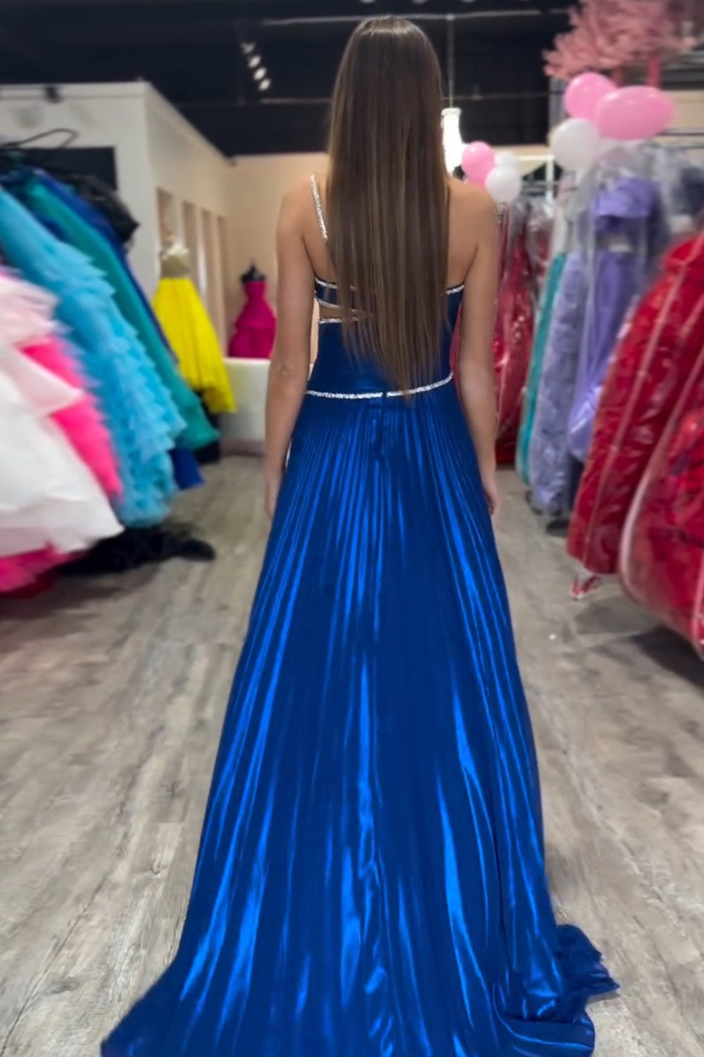 Royal Blue One Shoulder A-Line Metallic Pleated Cut-out Long Prom Dress with Slit
