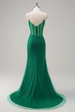 Glitter Orange Spaghetti Straps Beaded Mermaid Long Corset Prom Dress with Slit