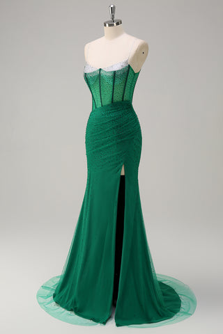 Glitter Orange Spaghetti Straps Beaded Mermaid Long Corset Prom Dress with Slit