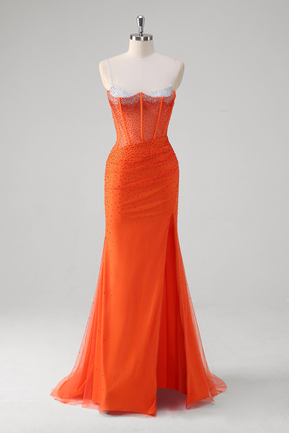 Glitter Orange Spaghetti Straps Beaded Mermaid Long Corset Prom Dress with Slit