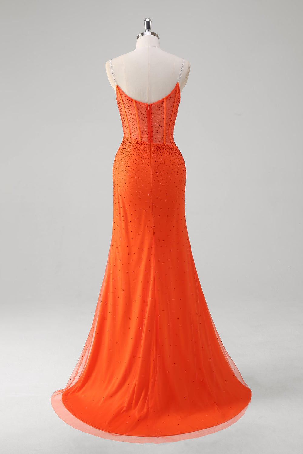 Glitter Orange Spaghetti Straps Beaded Mermaid Long Corset Prom Dress with Slit