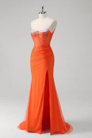Glitter Orange Spaghetti Straps Beaded Mermaid Long Corset Prom Dress with Slit