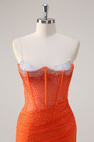 Glitter Orange Spaghetti Straps Beaded Mermaid Long Corset Prom Dress with Slit
