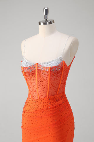Glitter Orange Spaghetti Straps Beaded Mermaid Long Corset Prom Dress with Slit