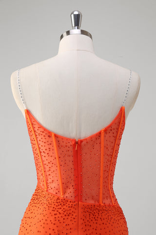 Glitter Orange Spaghetti Straps Beaded Mermaid Long Corset Prom Dress with Slit
