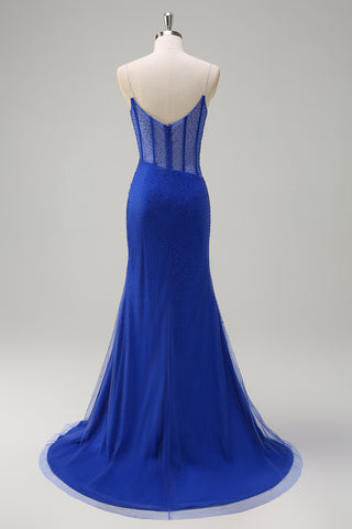 Glitter Orange Spaghetti Straps Beaded Mermaid Long Corset Prom Dress with Slit