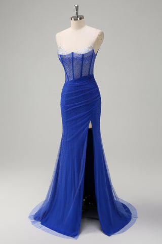 Glitter Orange Spaghetti Straps Beaded Mermaid Long Corset Prom Dress with Slit