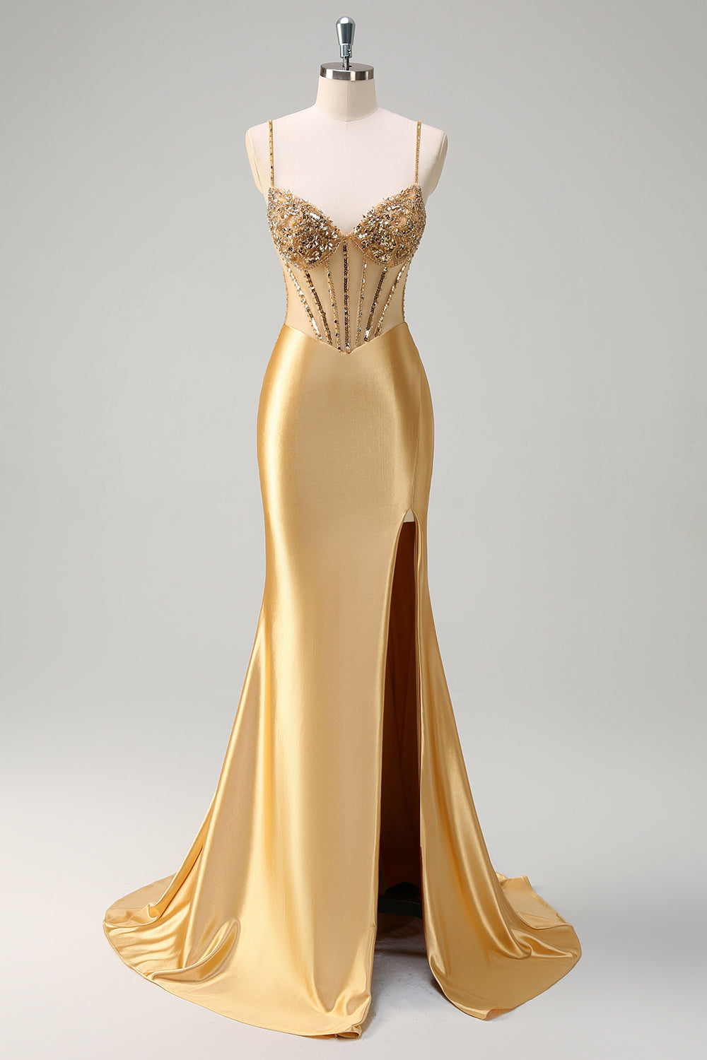 Sparkly Gold Mermaid Spaghetti Straps Satin Long Corset Prom Dress with Slit
