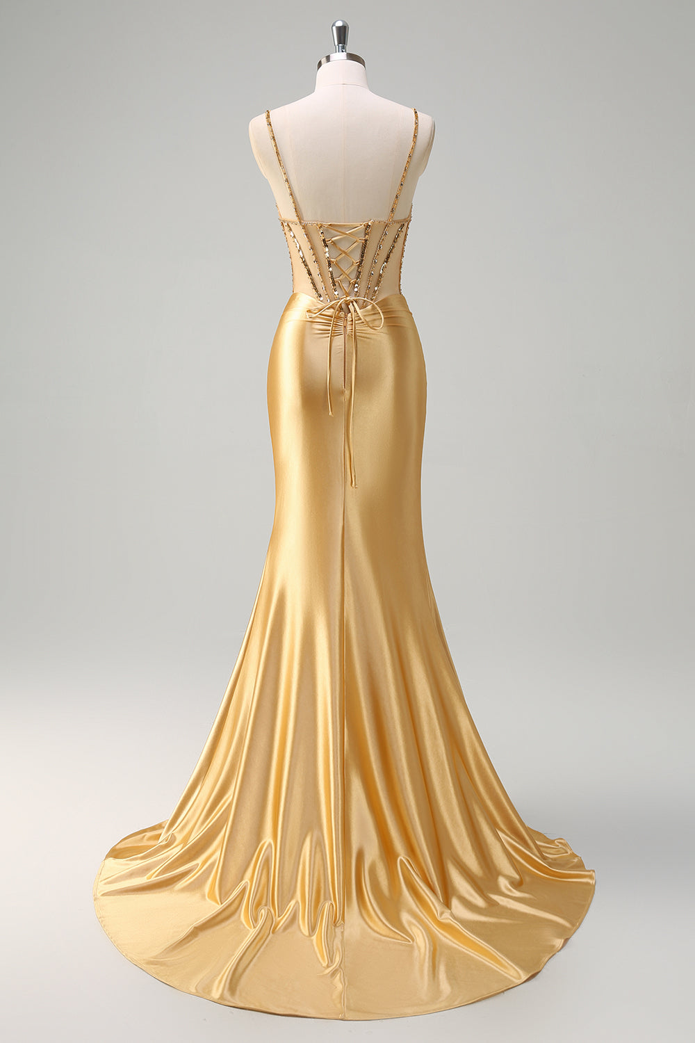 Sparkly Gold Mermaid Spaghetti Straps Satin Long Corset Prom Dress with Slit