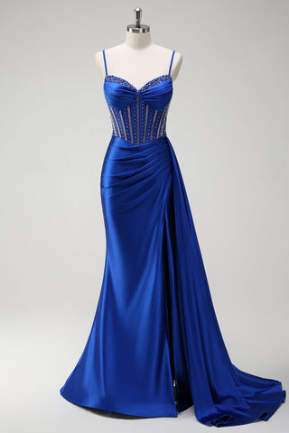 Glitter Royal Blue Satin Mermaid Spaghetti Straps Long Corset Prom Dress with Beading
