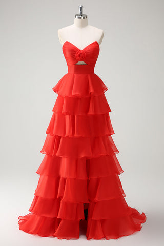 Orange Sweetheart Ruffled Long Prom Dress with Slit