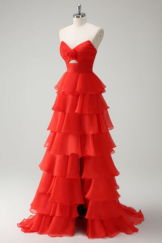 Orange Sweetheart Ruffled Long Prom Dress with Slit