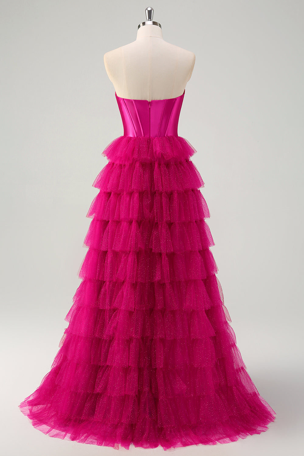 Fuchsia Sweetheart A-Line Tulle Tiered Long Corset Prom Dress with Slit