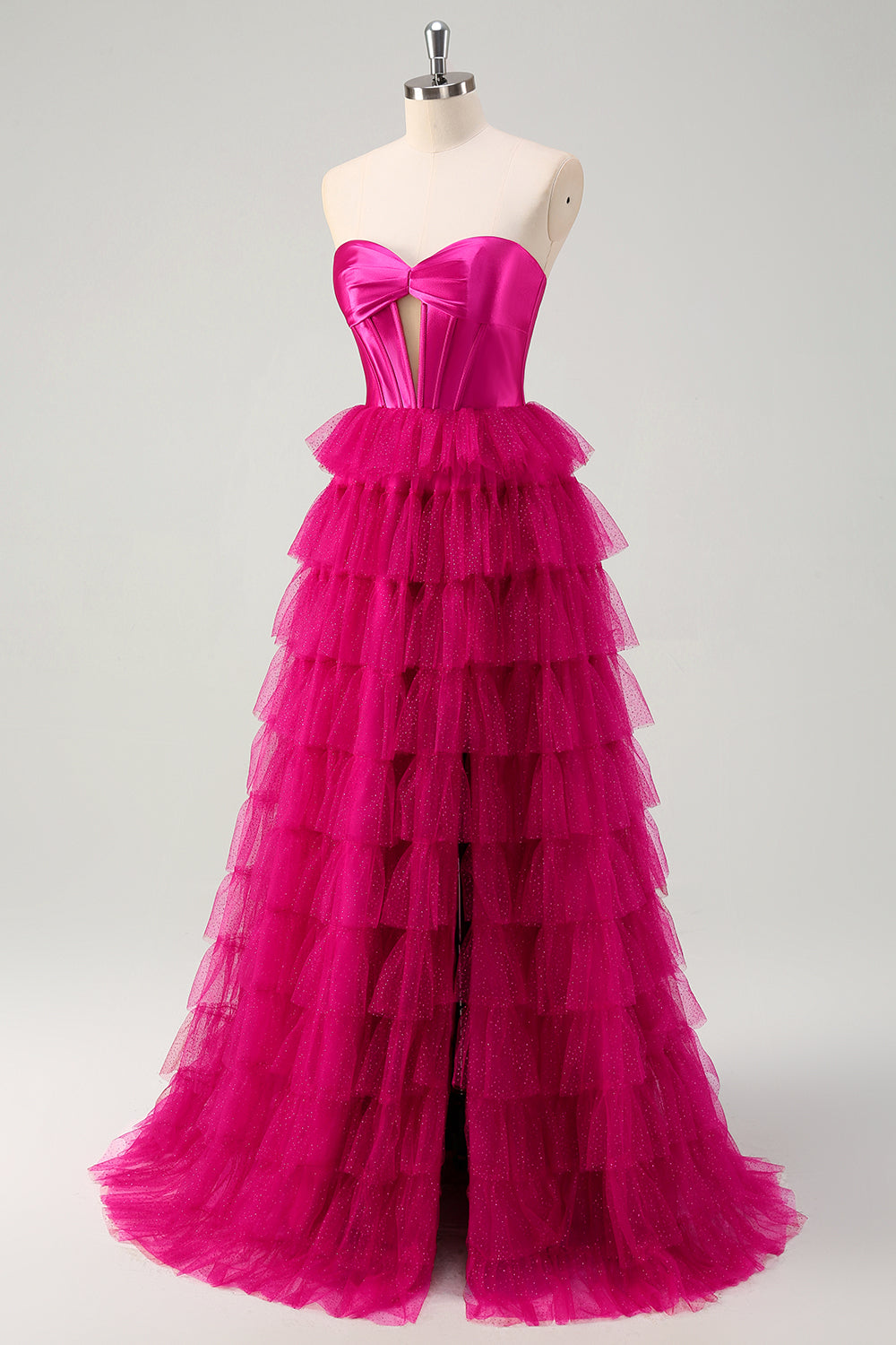 Fuchsia Sweetheart A-Line Tulle Tiered Long Corset Prom Dress with Slit