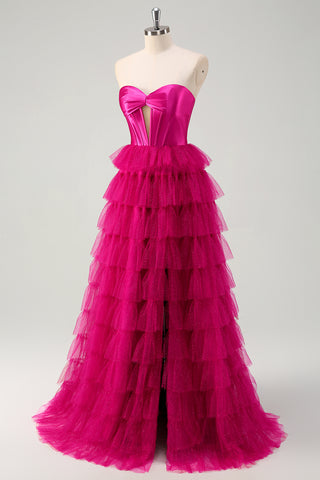 Fuchsia Sweetheart A-Line Tulle Tiered Long Corset Prom Dress with Slit