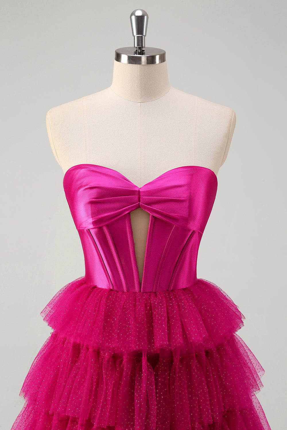 Fuchsia Sweetheart A-Line Tulle Tiered Long Corset Prom Dress with Slit