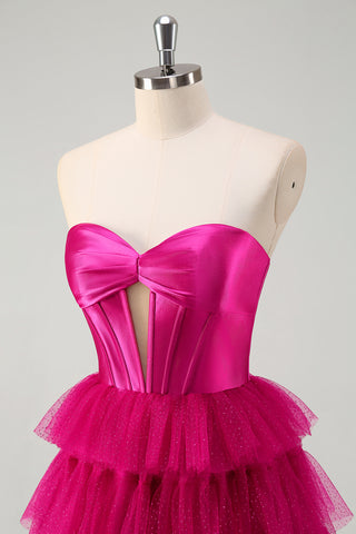 Fuchsia Sweetheart A-Line Tulle Tiered Long Corset Prom Dress with Slit