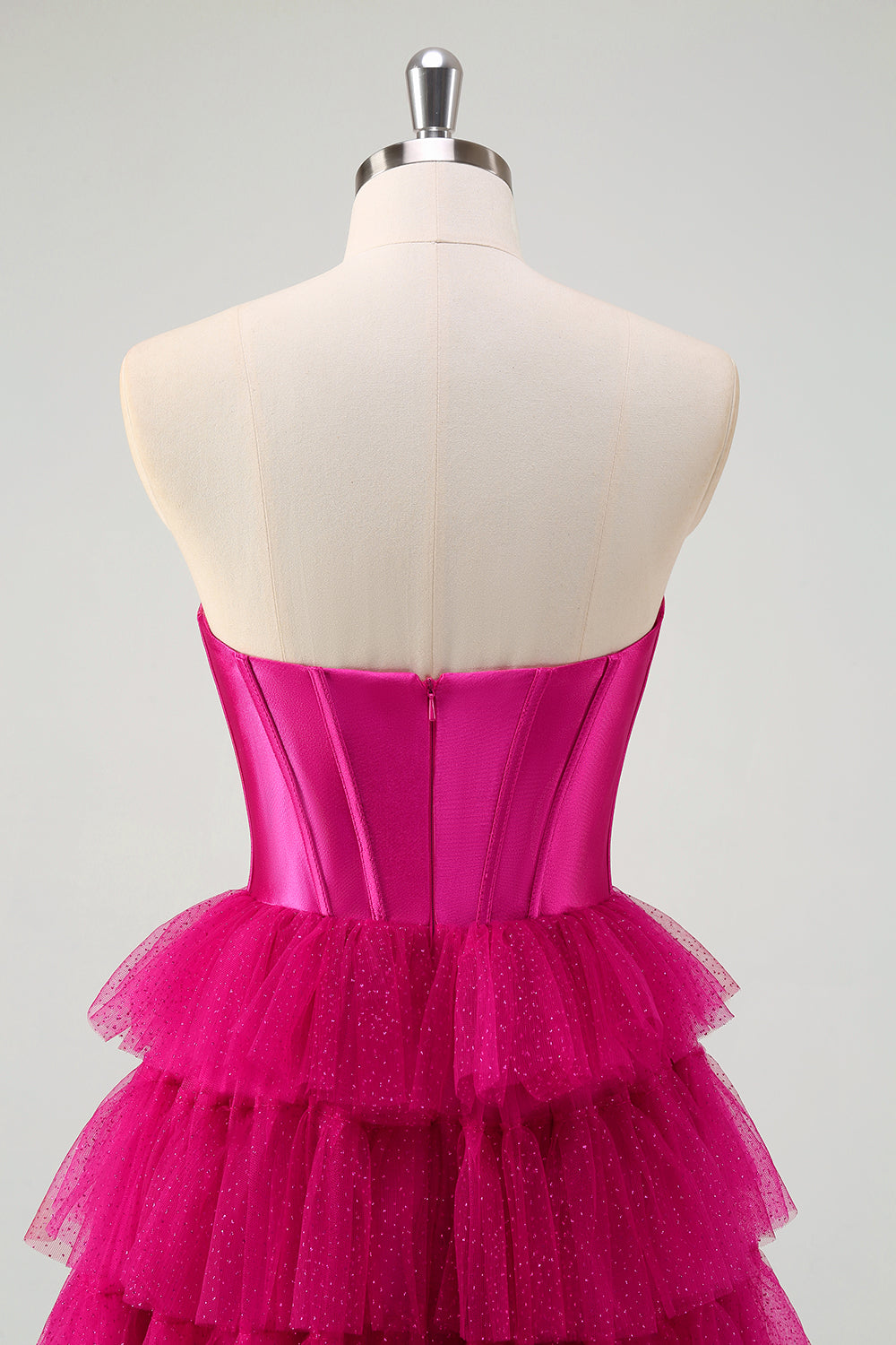 Fuchsia Sweetheart A-Line Tulle Tiered Long Corset Prom Dress with Slit