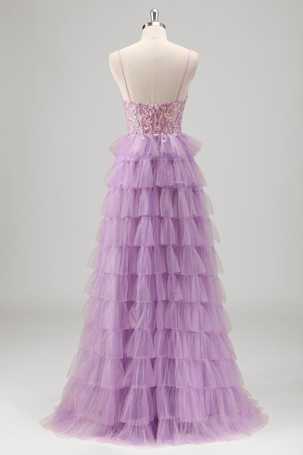 Lilac Spaghetti Straps A-Line Tulle Tiered Long Corset Prom Dress with Sequins