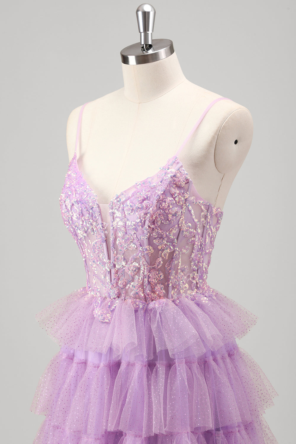 Lilac Spaghetti Straps A-Line Tulle Tiered Long Corset Prom Dress with Sequins