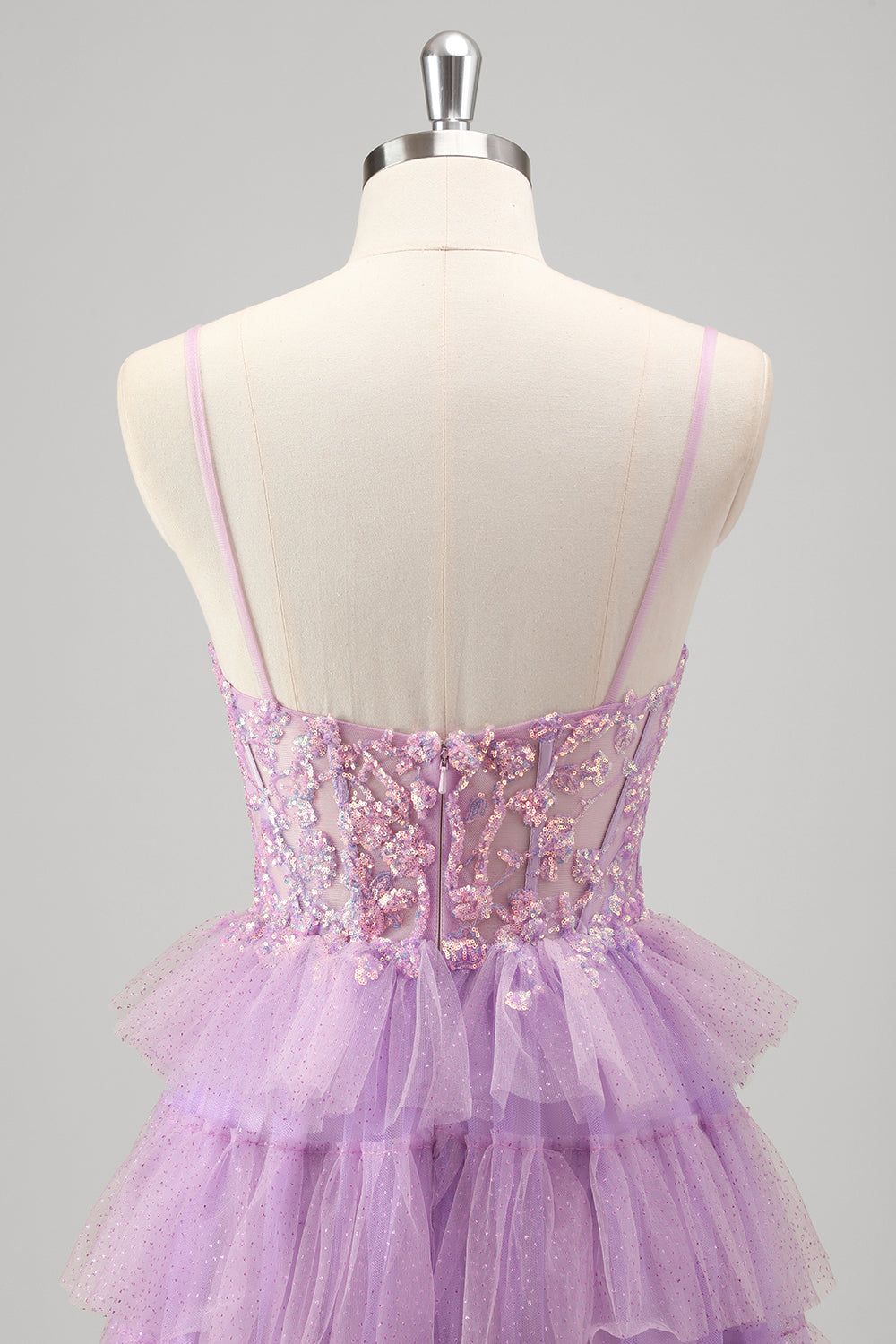 Lilac Spaghetti Straps A-Line Tulle Tiered Long Corset Prom Dress with Sequins
