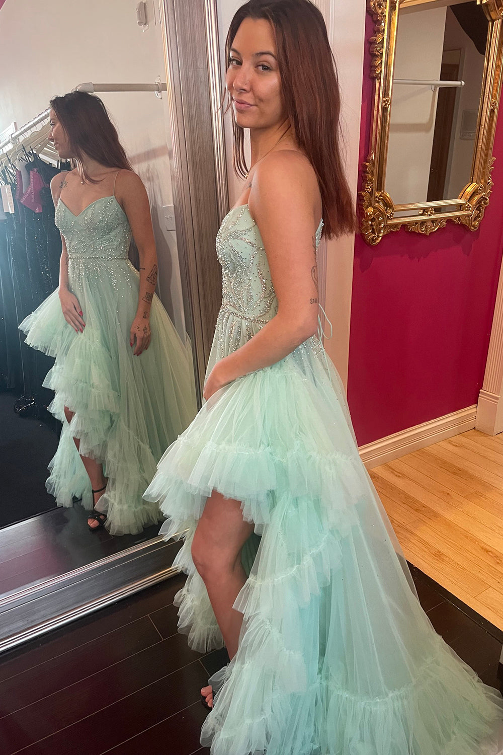 Sage Spaghetti Straps Tulle A-Line Tiered LongProm Dress with Beading