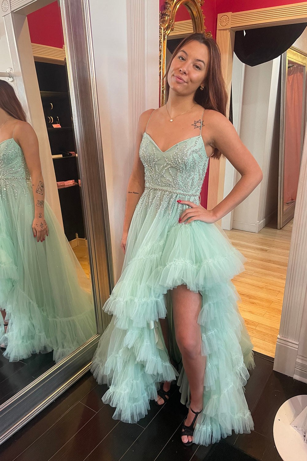 Sage Spaghetti Straps Tulle A-Line Tiered LongProm Dress with Beading