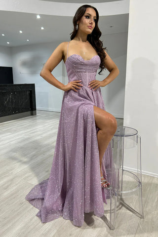 Sparkly Grey Blue Spaghetti Straps Tulle A-Line Long Corset Prom Dress with Slit