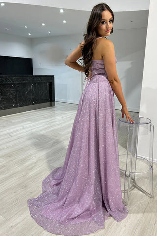 Sparkly Grey Blue Spaghetti Straps Tulle A-Line Long Corset Prom Dress with Slit