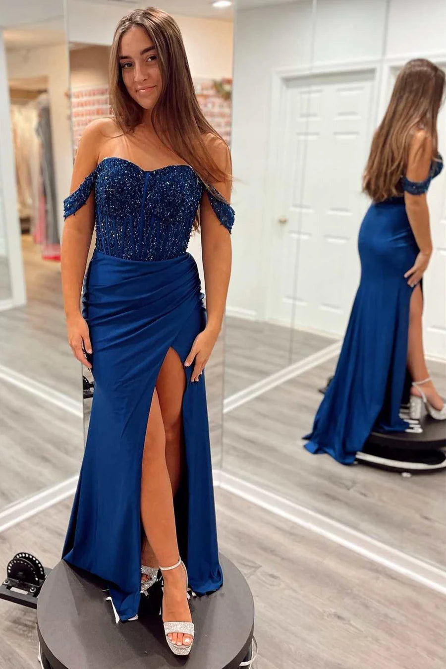 Navy Off the Shoulder Satin Mermaid Long Corset Prom Dress with Sequins