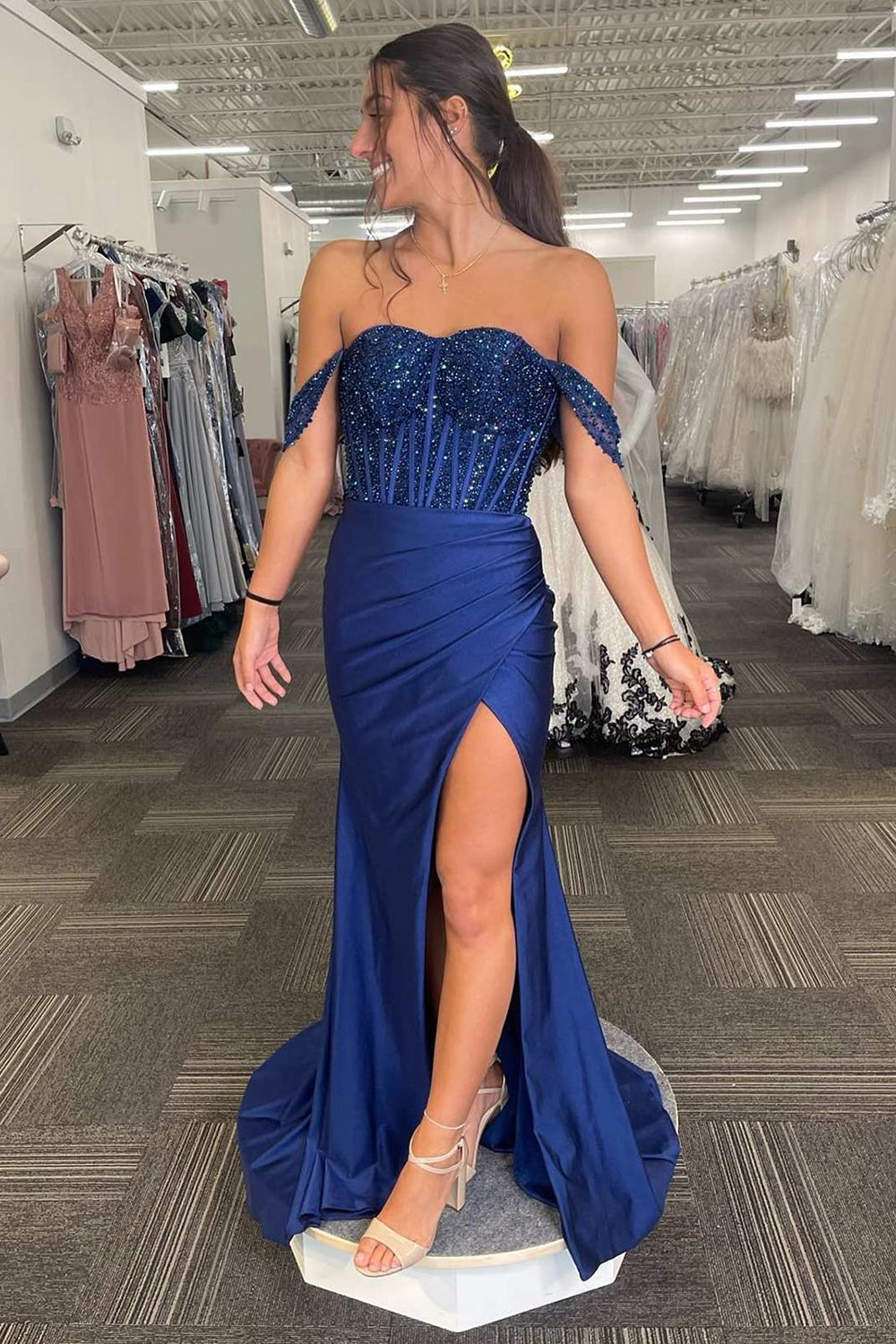 Navy Off the Shoulder Satin Mermaid Long Corset Prom Dress with Sequins