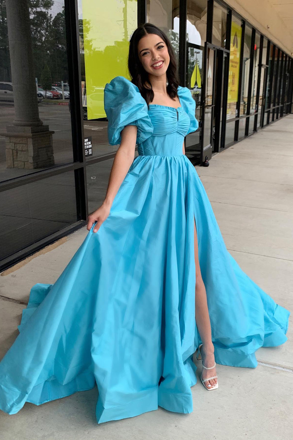Blue Square Neck Satin Puff Sleeves A-Line Long Corset Prom Dress with Slit