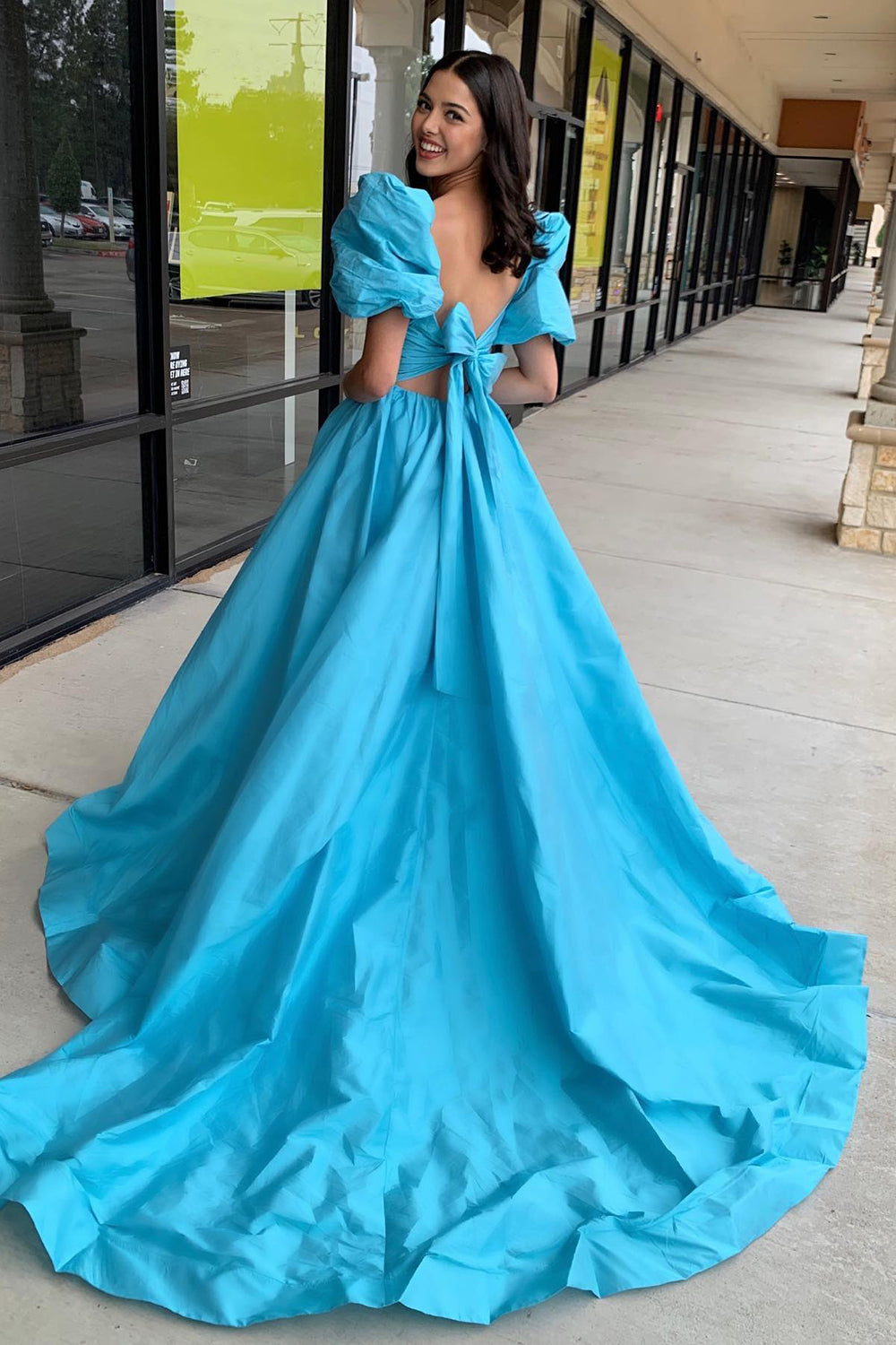 Blue Square Neck Satin Puff Sleeves A-Line Long Corset Prom Dress with Slit