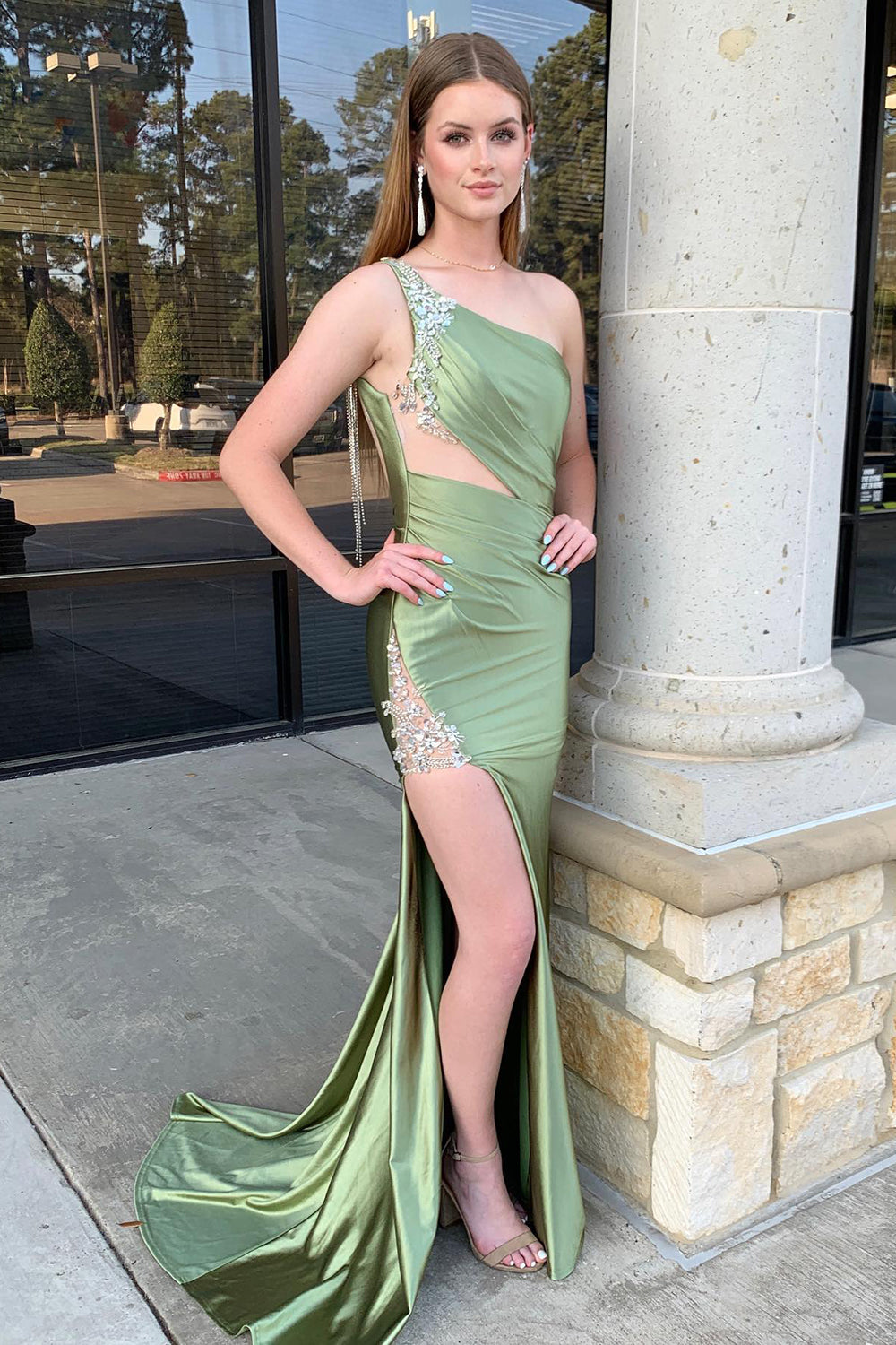 Sage One Shoulder Satin Mermaid Cut-out Long Prom Dress with Appliques