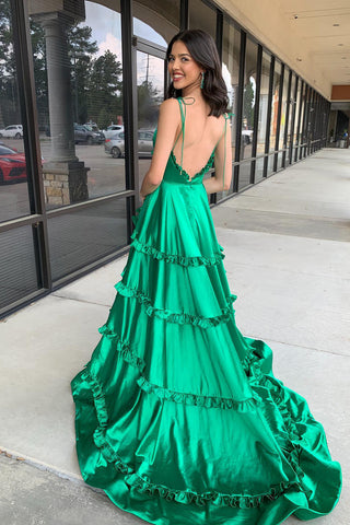 Green Spaghetti Straps Satin A-Line Open Back Long Prom Dress with Ruffles