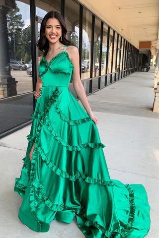 Green Spaghetti Straps Satin A-Line Open Back Long Prom Dress with Ruffles