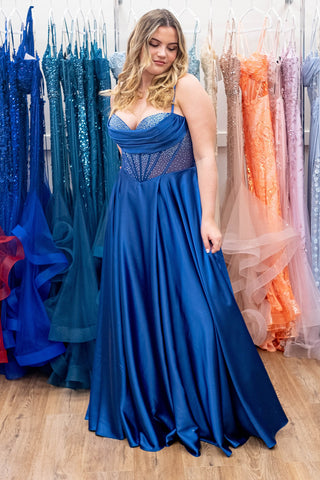 Royal Blue Spaghetti Straps Satin A-Line Long Corset Prom Dress with Beading