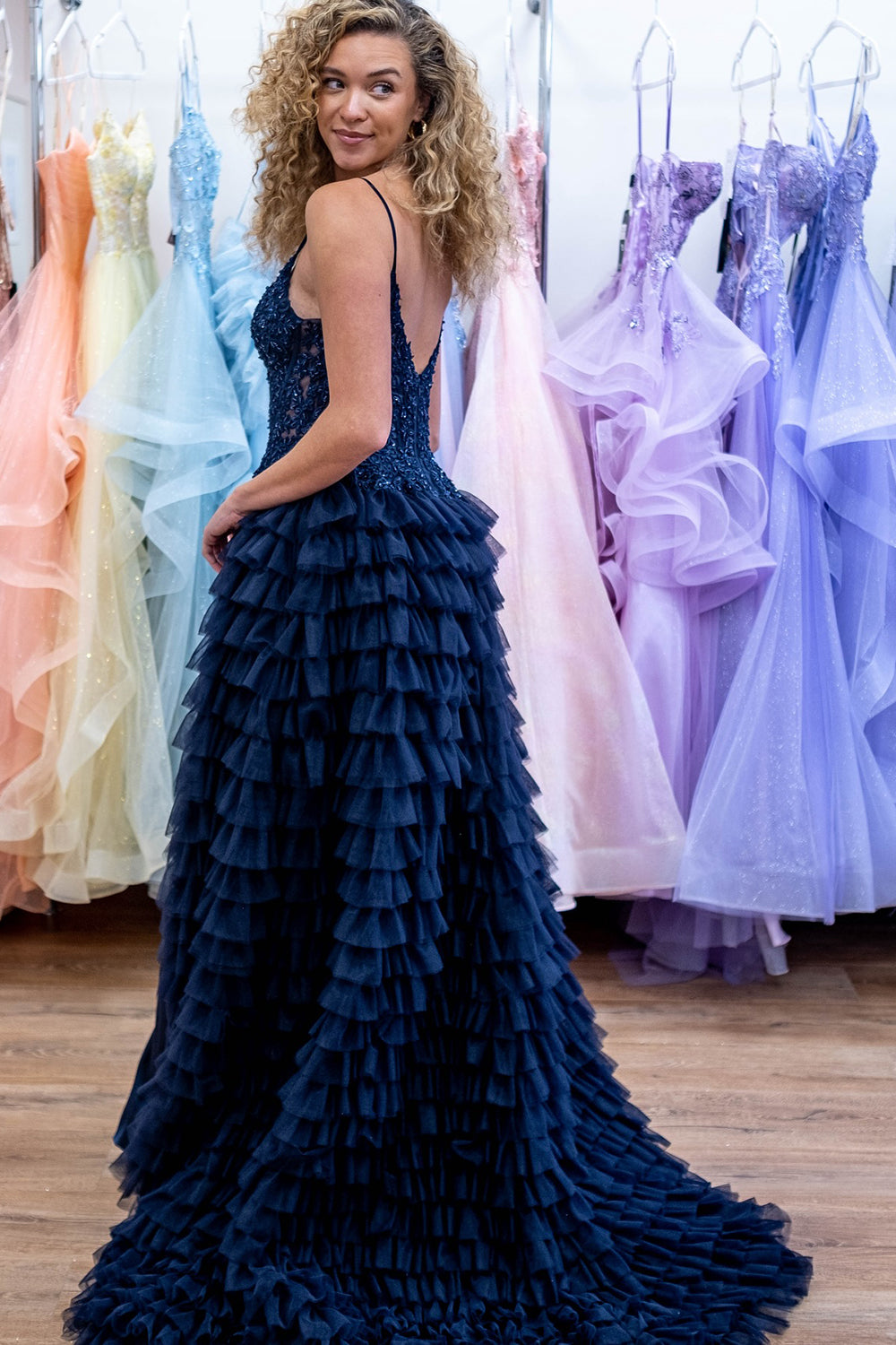 Navy Spaghetti Straps Tulle A-Line Tiered Long Corset Prom Dress with Appliques