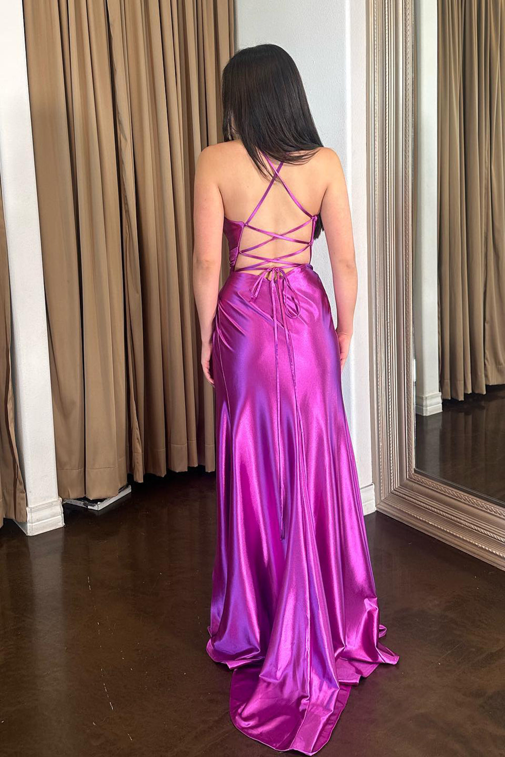 Purple Spaghetti Straps Satin Ruched Mermaid Long Prom Dress with Slit