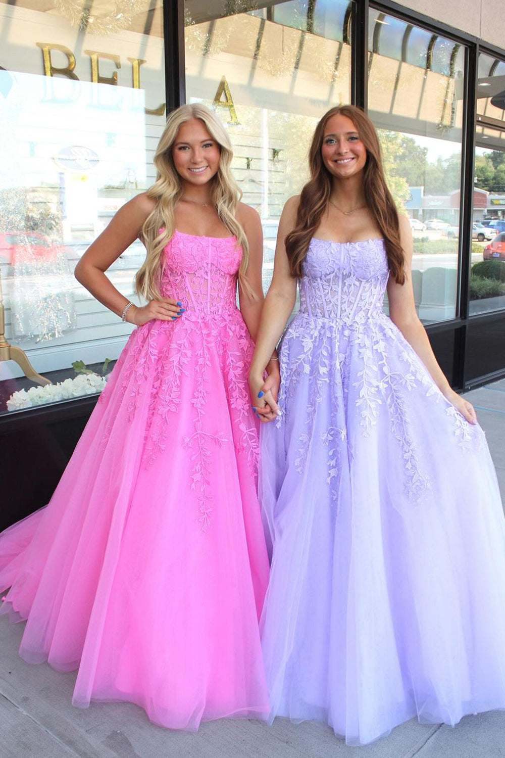 Lilac Strapless A-Line Tulle Long Corset Prom Dress with Appliques