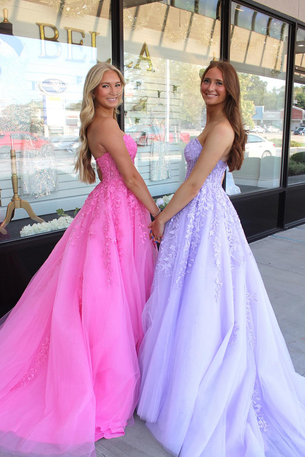 Lilac Strapless A-Line Tulle Long Corset Prom Dress with Appliques