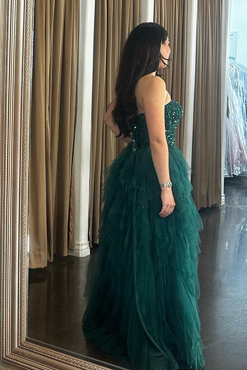 Sparkly Dark Green Sweetheart Tulle Tiered A-Line Long Corset Prom Dress with Appliques