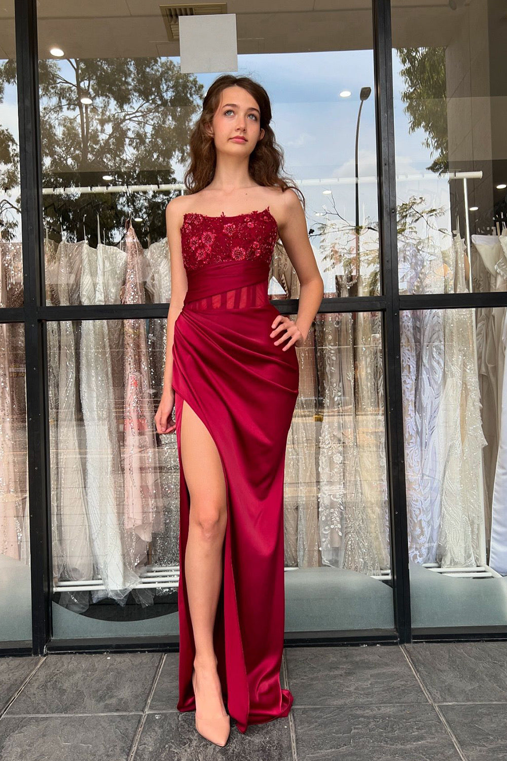 Burgundy Strapless Satin Ruched Mermaid Long Corset Prom Dress with Appliques
