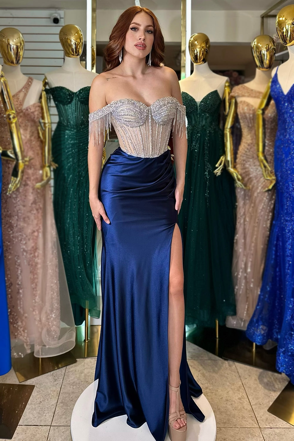 Sparkly Royal Blue Off the Shoulder Mermaid Satin Long Corset Prom Dress with Beading