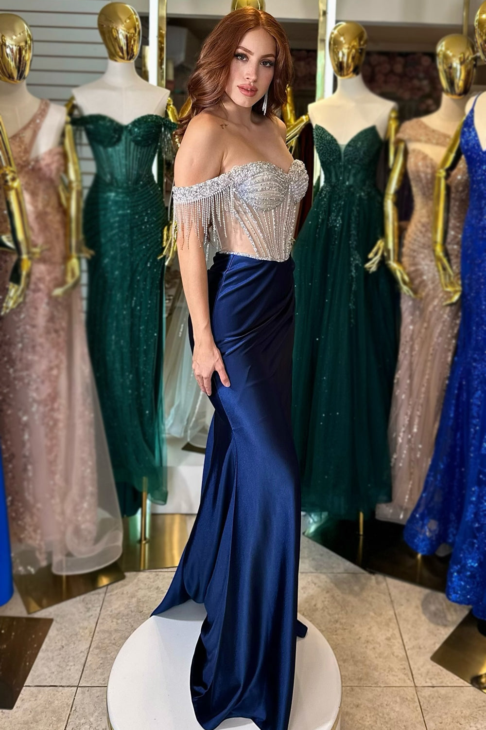Sparkly Royal Blue Off the Shoulder Mermaid Satin Long Corset Prom Dress with Beading
