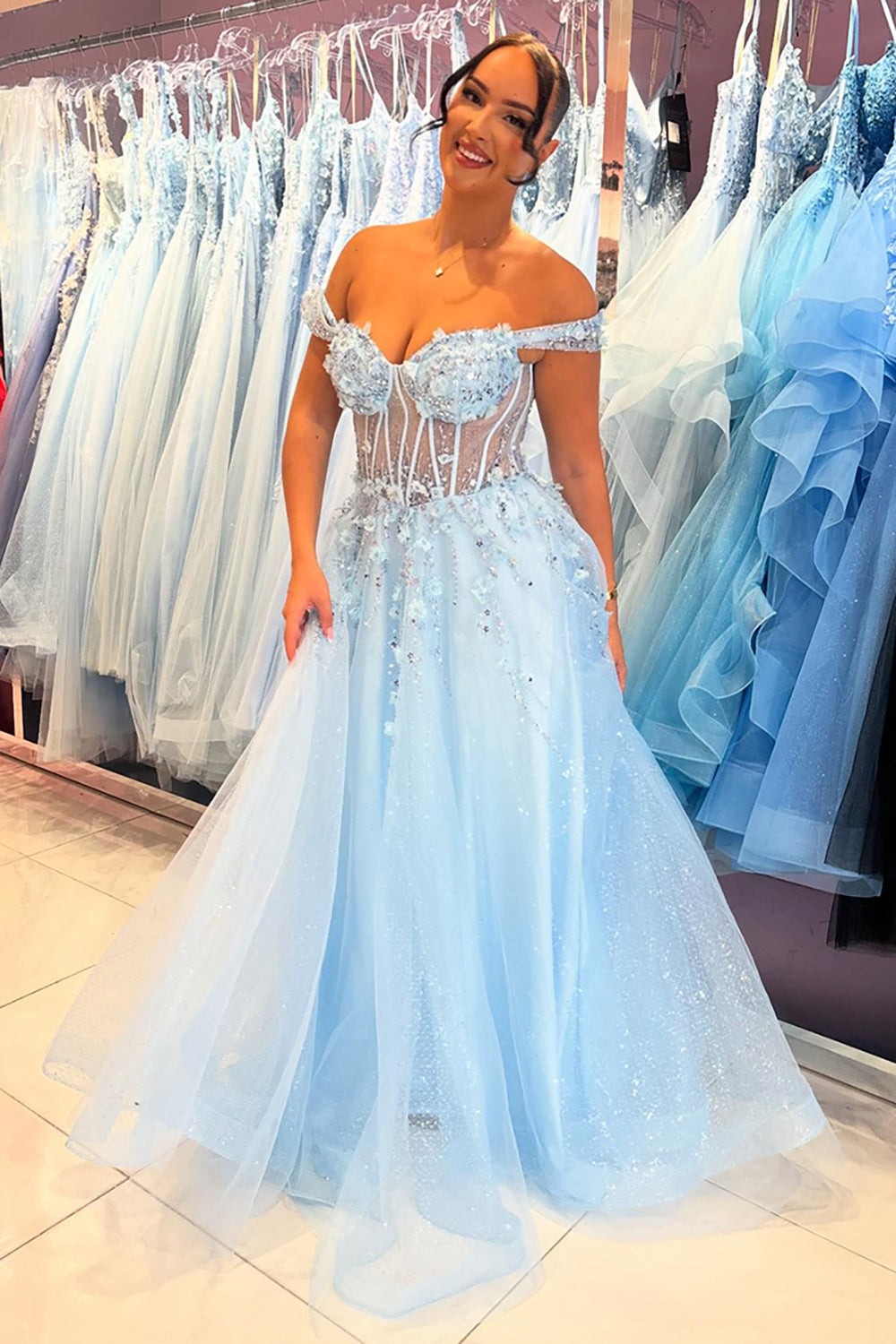 Sky Blue Off the Shoulder A-Line Tulle Long Corset Prom Dress with Appliques