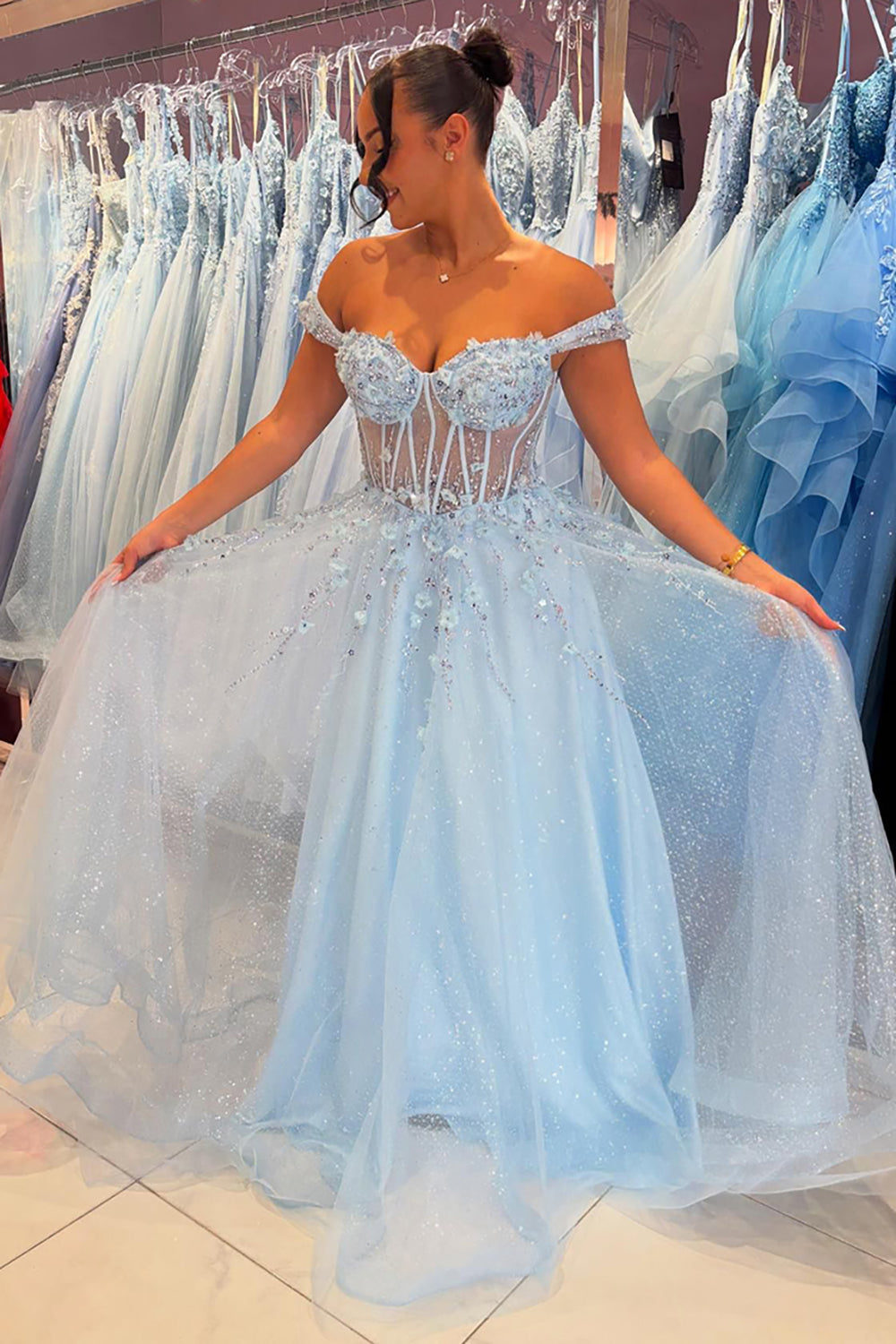 Sky Blue Off the Shoulder A-Line Tulle Long Corset Prom Dress with Appliques