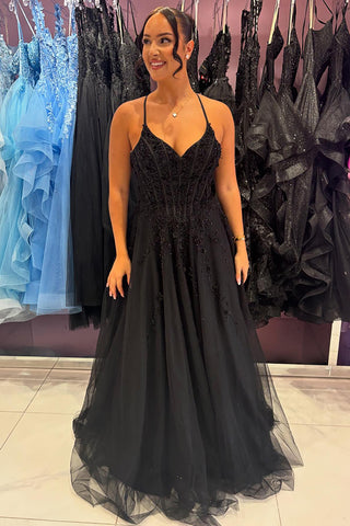 Black Spaghetti Straps A-Line Tulle Long Corset Prom Dress with Appliques