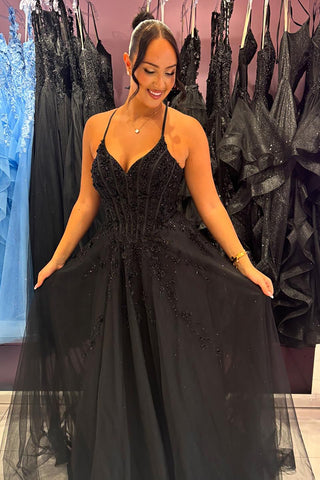 Black Spaghetti Straps A-Line Tulle Long Corset Prom Dress with Appliques