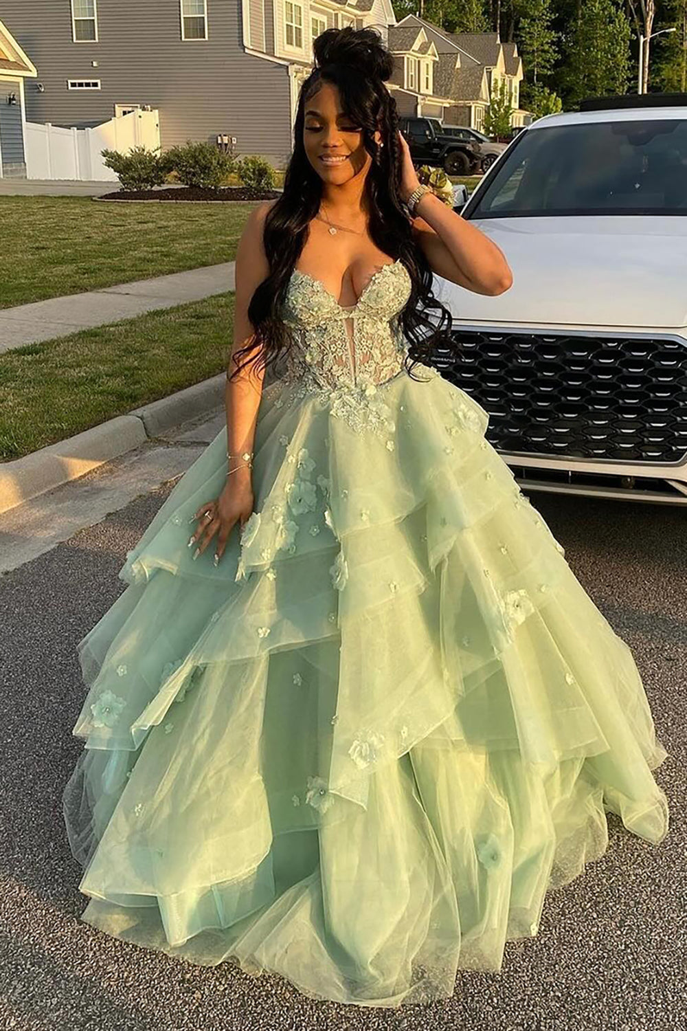 Sage Green Spaghetti Straps A-Line Tulle Tiered Long Corset Prom Dress with Appliques